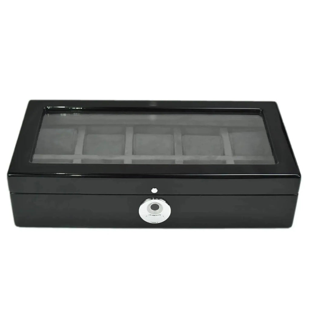 The Tempus Luxury Watch Winders 10 Watch Box in Black Piano Finish features a glass lid, multiple compartments, and a sleek biometric lock for secure and stylish watch storage.