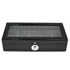 The Tempus Luxury Watch Winders 10 Watch Box in Black Piano Finish features a glass lid, multiple compartments, and a sleek biometric lock for secure and stylish watch storage.