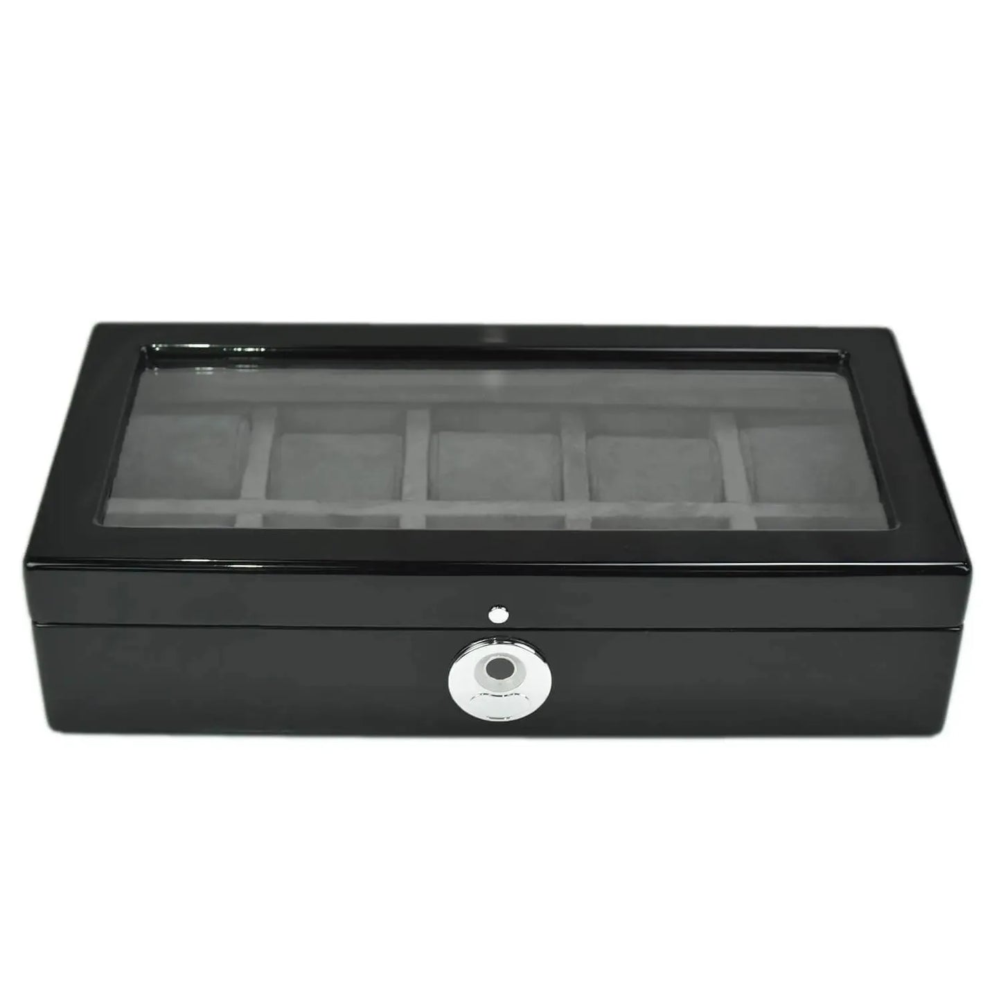 10 Watch Box in Black Piano Finish with BioMetric Lock and Glass Lid