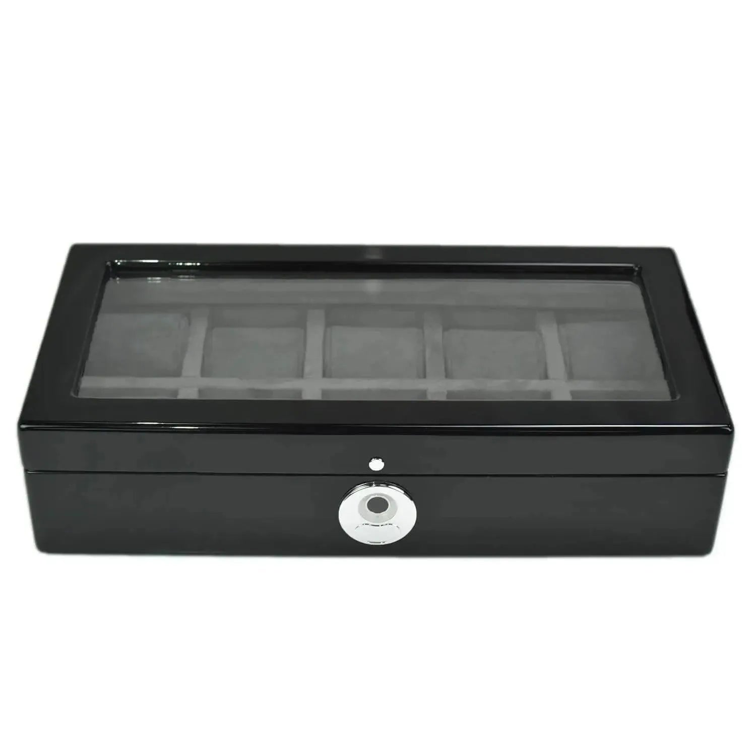 The Tempus Luxury Watch Winders 10 Watch Box in Black Piano Finish features a glass lid, multiple compartments, and a sleek biometric lock for secure and stylish watch storage.