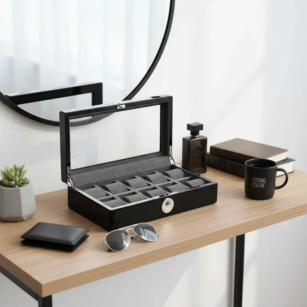 On a wooden desk: Tempus Luxury Watch Winders' 10 Watch Box in Black Piano Finish with BioMetric Lock and Glass Lid, sunglasses, wallet, succulent, cologne, two stacked books, a black MORNING ROUTINE mug, all beside a round wall mirror.