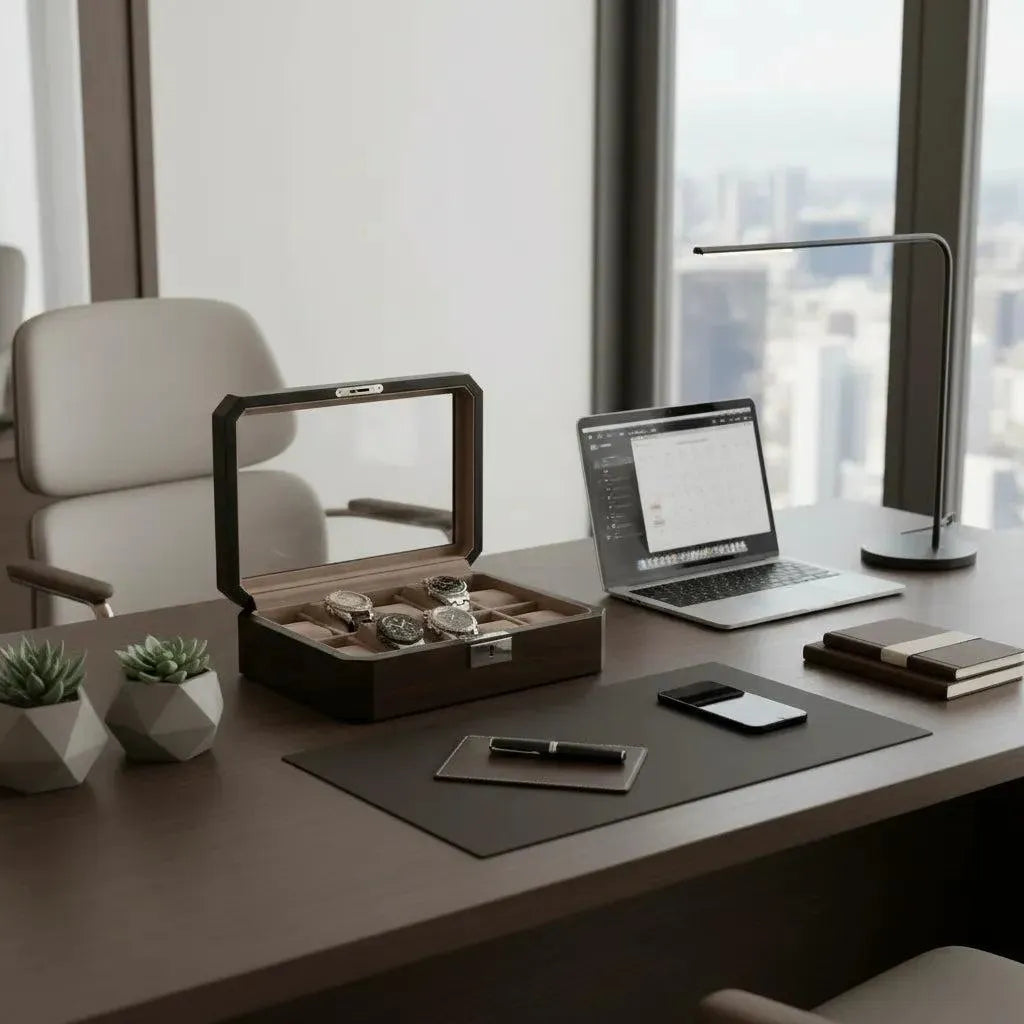 Open dark walnut veneer 10-watch box with glass lid and mink suedette interior, displaying watches on a desk.