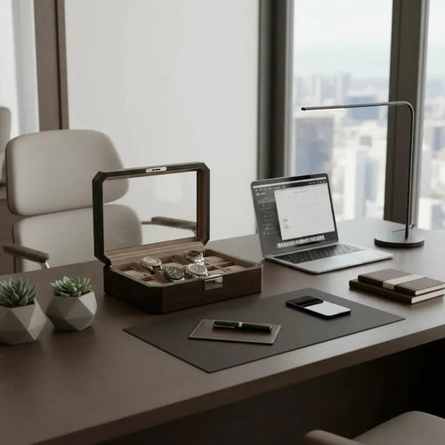Open dark walnut veneer 10-watch box with glass lid and mink suedette interior, displaying watches on a desk.