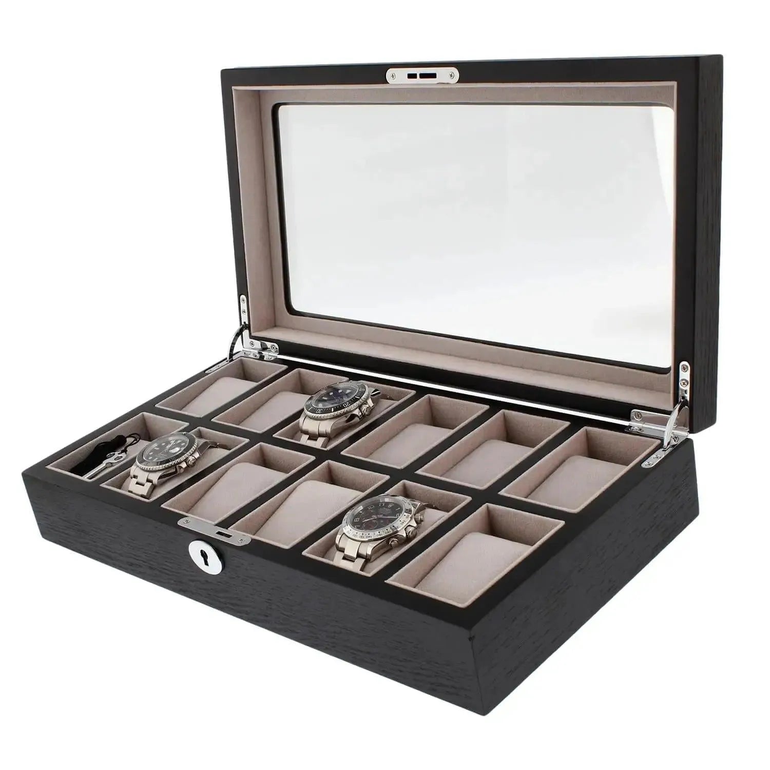 The Tempus Luxury Watch Winders 12 Watch Box features a premium black oak veneer, glass lid, beige interior, and compartments for luxury watches—shown with three silver wristwatches beside several empty slots.