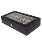 The Tempus Luxury Watch Winders 12 Watch Box Premium Black Oak Veneer features a glass lid, individual light-lined compartments for luxury watches, and a front keyhole for added security.