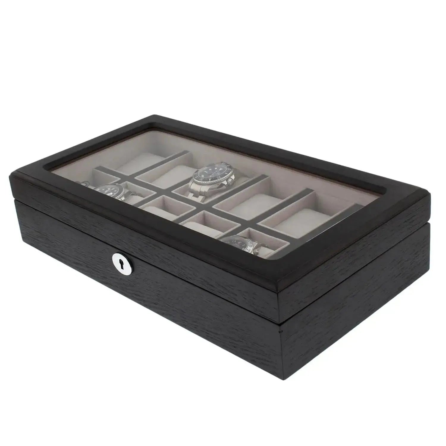 The Tempus Luxury Watch Winders 12 Watch Box Premium Black Oak Veneer features a glass lid, individual light-lined compartments for luxury watches, and a front keyhole for added security.
