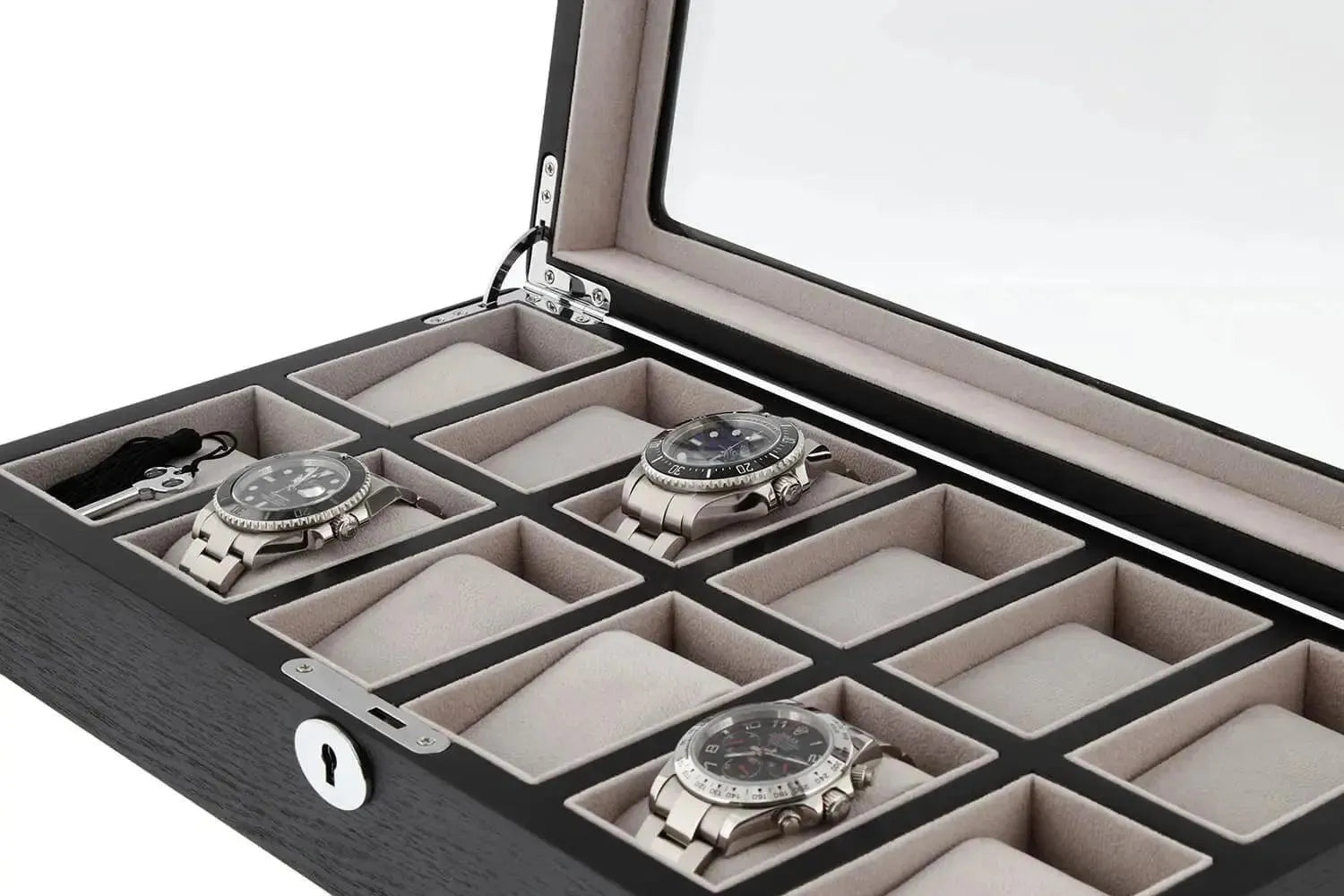 The Tempus Luxury Watch Winders 12 Watch Box features premium black oak veneer, a glass lid, and luxury storage for up to twelve wristwatches in cushioned compartments—some of which are shown empty.