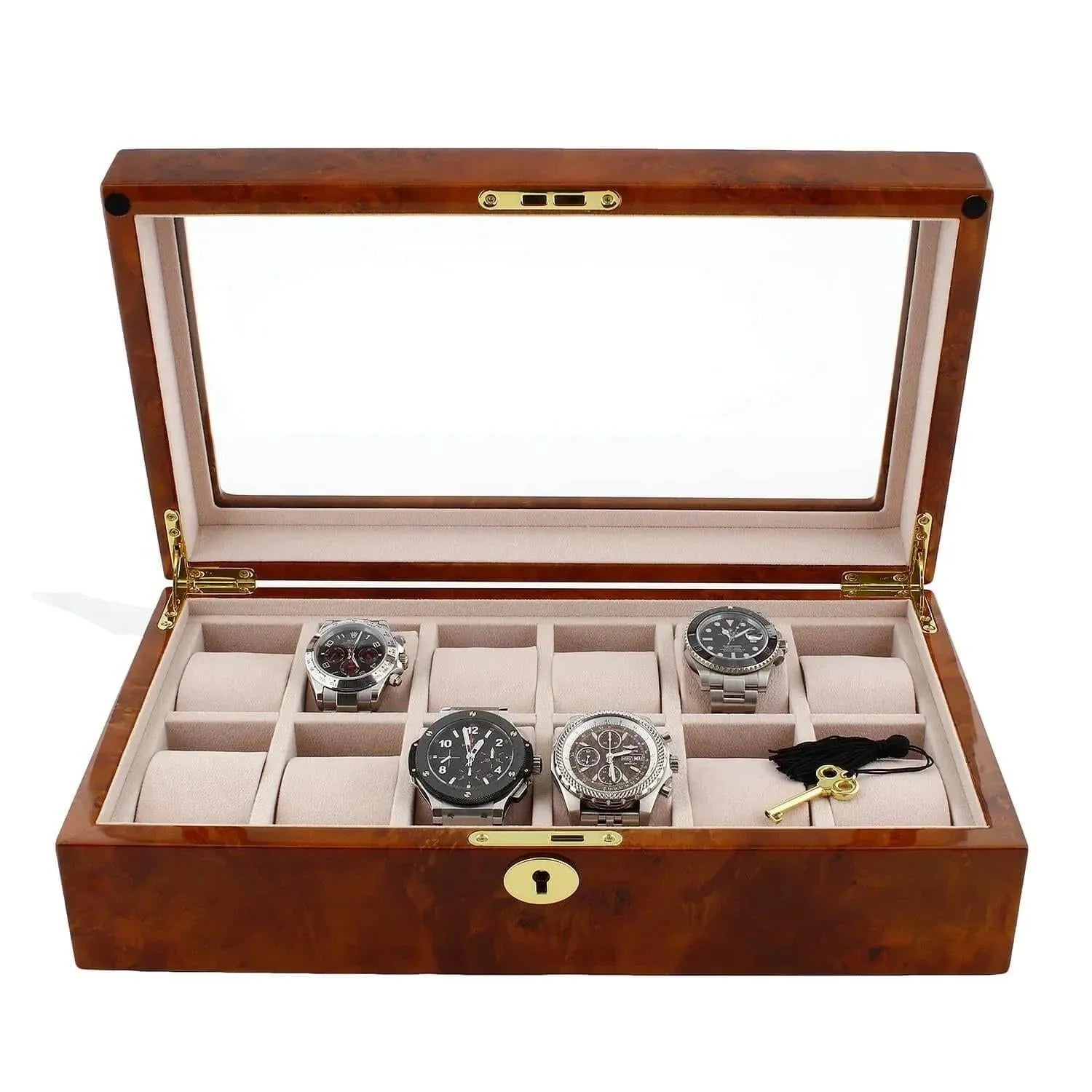 The Aevitas Watch Box for 12 Wrist Watches in Burl Walnut Wood has a glass lid, beige interior, and twelve compartments, offering premium storage for your collection. Most compartments are empty to showcase its spacious design.