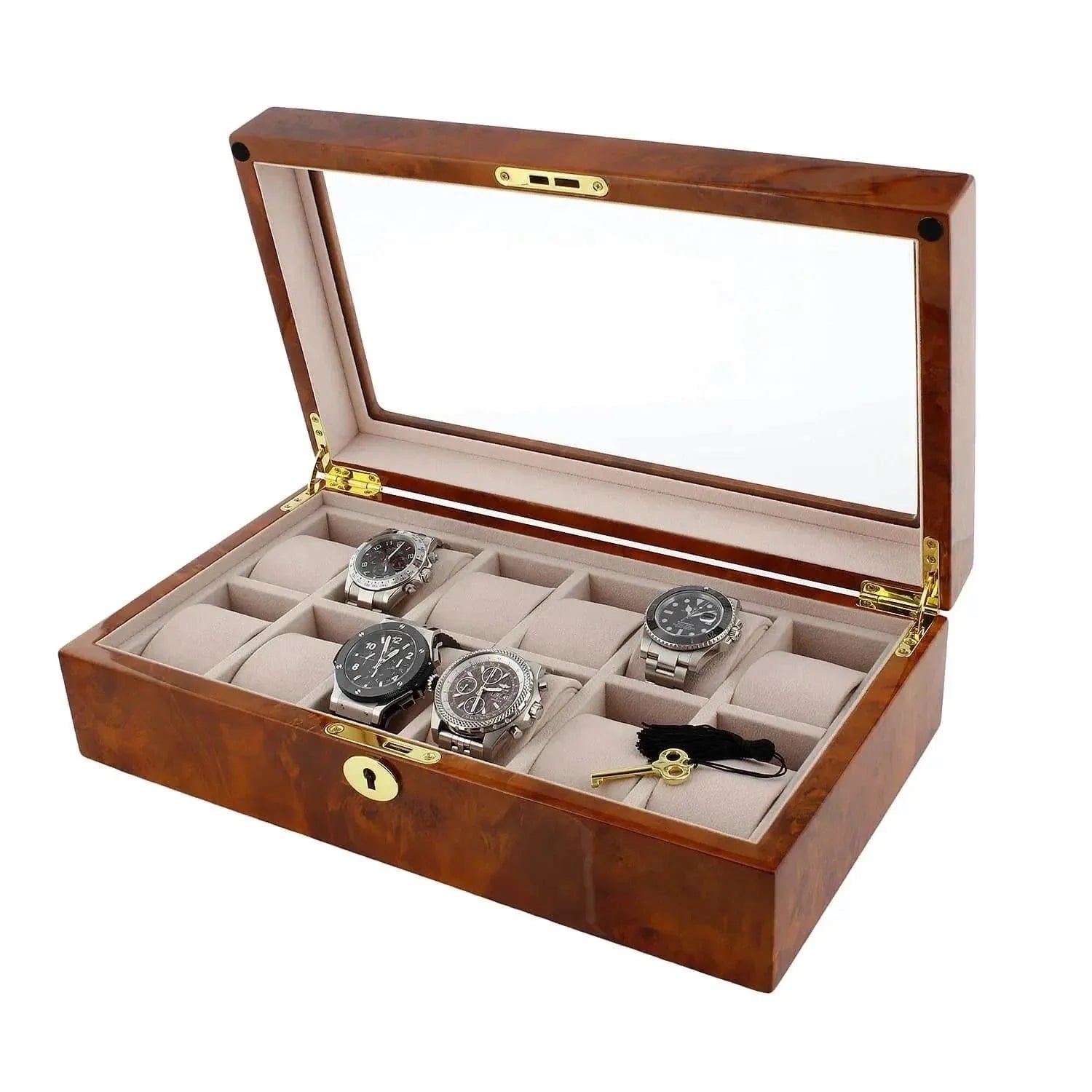 The Aevitas Watch Box for 12 Wrist Watches in Burl Walnut Wood features a glass lid and a beige cushioned interior with multiple compartments—ideal for organizing and showcasing your collection in style.