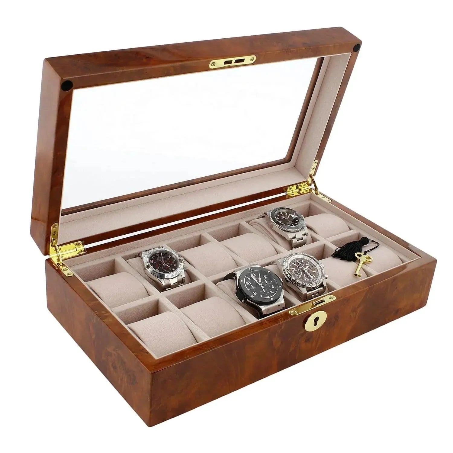The Aevitas Watch Box for 12 Wrist Watches in Burl Walnut Wood features a glass lid, beige interior, gold hinges and lock, twelve compartments for watches, and comes with a small gold key.