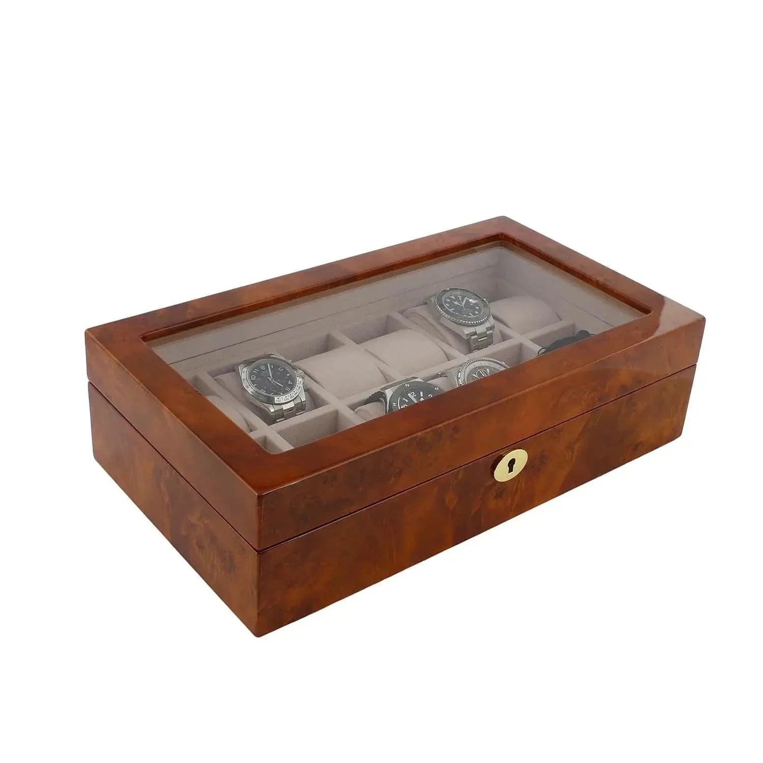 The Aevitas Watch Box for 12 Wrist Watches in Burl Walnut Wood features a glass top, glossy finish, secure storage, and a front lock—perfect for displaying and protecting your prized timepieces.