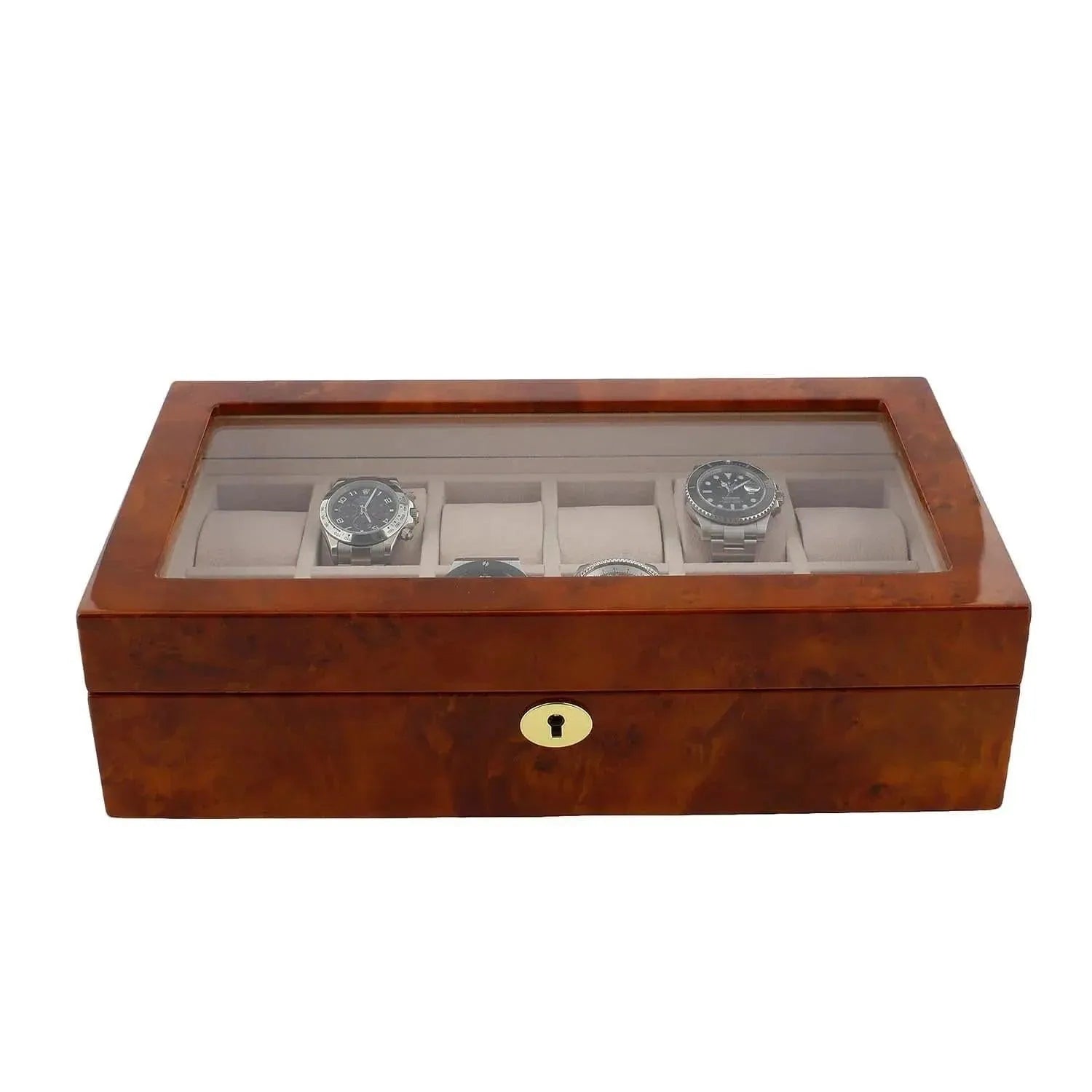 The Aevitas Watch Box for 12 Wrist Watches in Burl Walnut Wood features a polished brown finish, a glass lid, twelve compartments for storing luxury watches, and a gold lock on the front for added elegance.