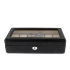The Tempus Luxury Watch Winders 12 Watch Box in Carbon Fibre Printed Leather offers premium storage with a sleek glass lid, lockable front, and compartments for your growing collection—perfect for securing and showcasing up to 12 wristwatches.