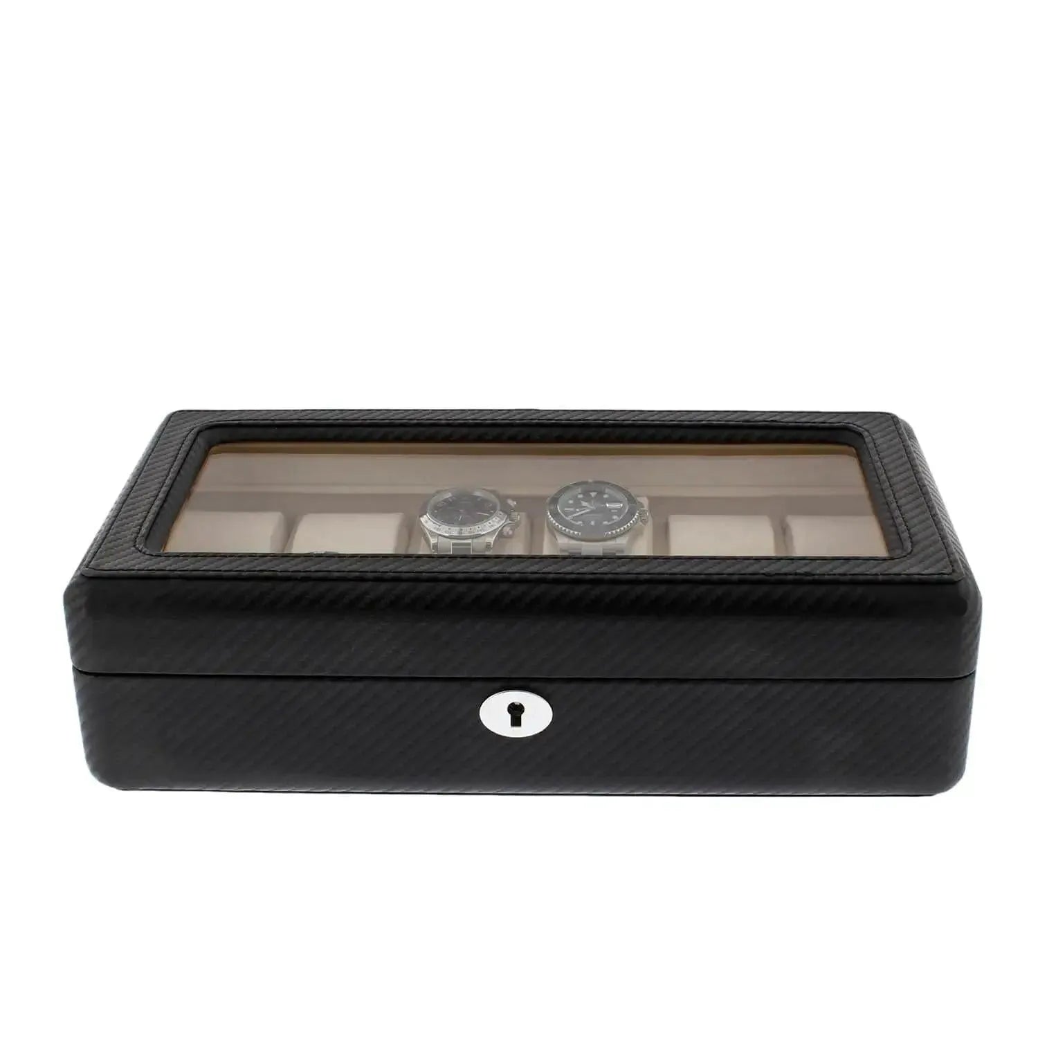 The Tempus Luxury Watch Winders 12 Watch Box in Carbon Fibre Printed Leather offers premium storage with a sleek glass lid, lockable front, and compartments for your growing collection—perfect for securing and showcasing up to 12 wristwatches.