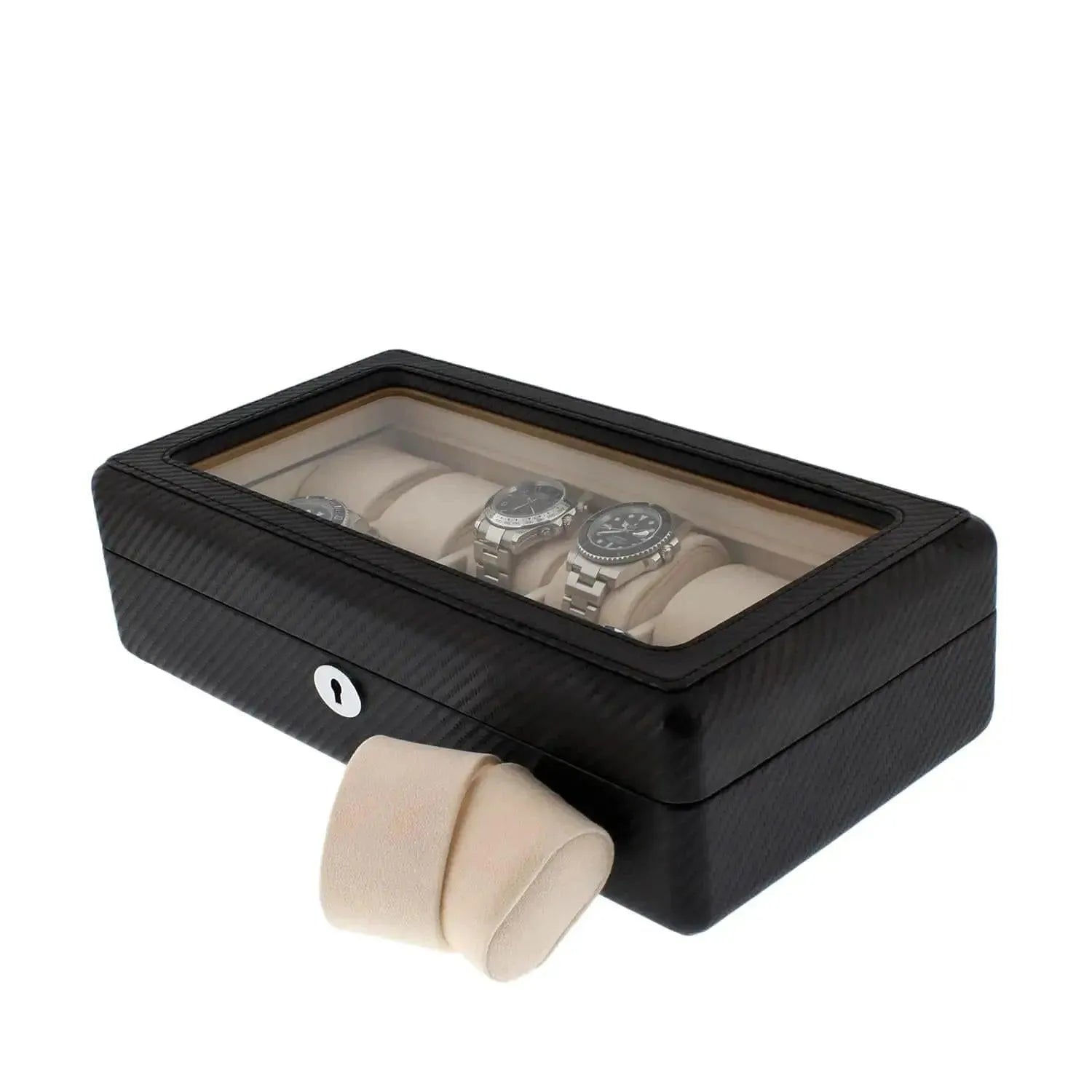 The Tempus Luxury Watch Winders 12 Watch Box in Carbon Fibre Printed Leather features a glass lid, premium black finish, and displays multiple watches. One beige cushion sits outside, showcasing the luxury storage for individual timepieces.
