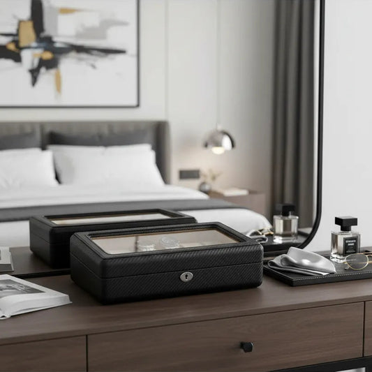 A modern bedroom showcases a Tempus Luxury Watch Winders 12 Watch Box in Carbon Fibre Printed Leather Premium Quality on a wooden dresser, along with perfume bottles, a wristwatch, eyeglasses, and an open book—all mirrored for a stylish scene.
