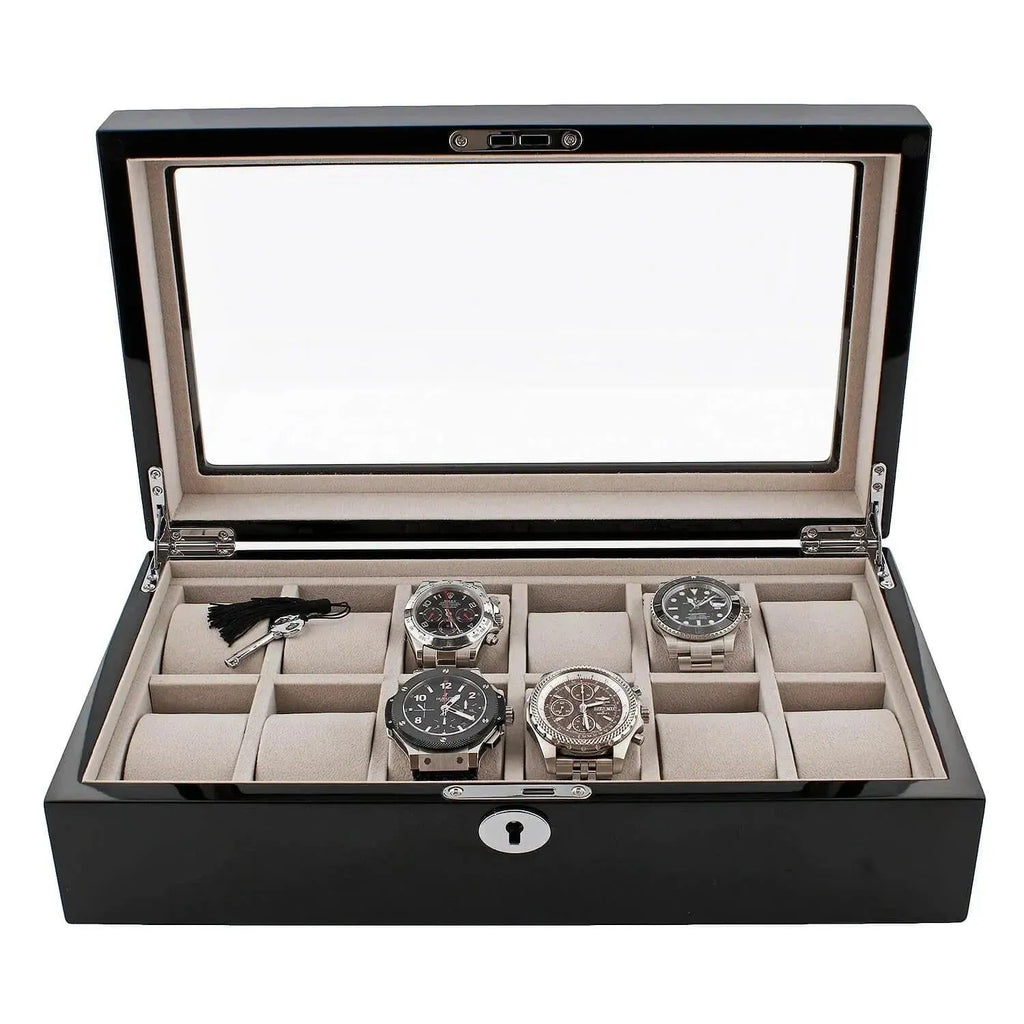The Aevitas 12 Watch Box in Piano Black Gloss Finish features cushioned compartments and a grey luxury lining, showcasing up to twelve wristwatches in style.