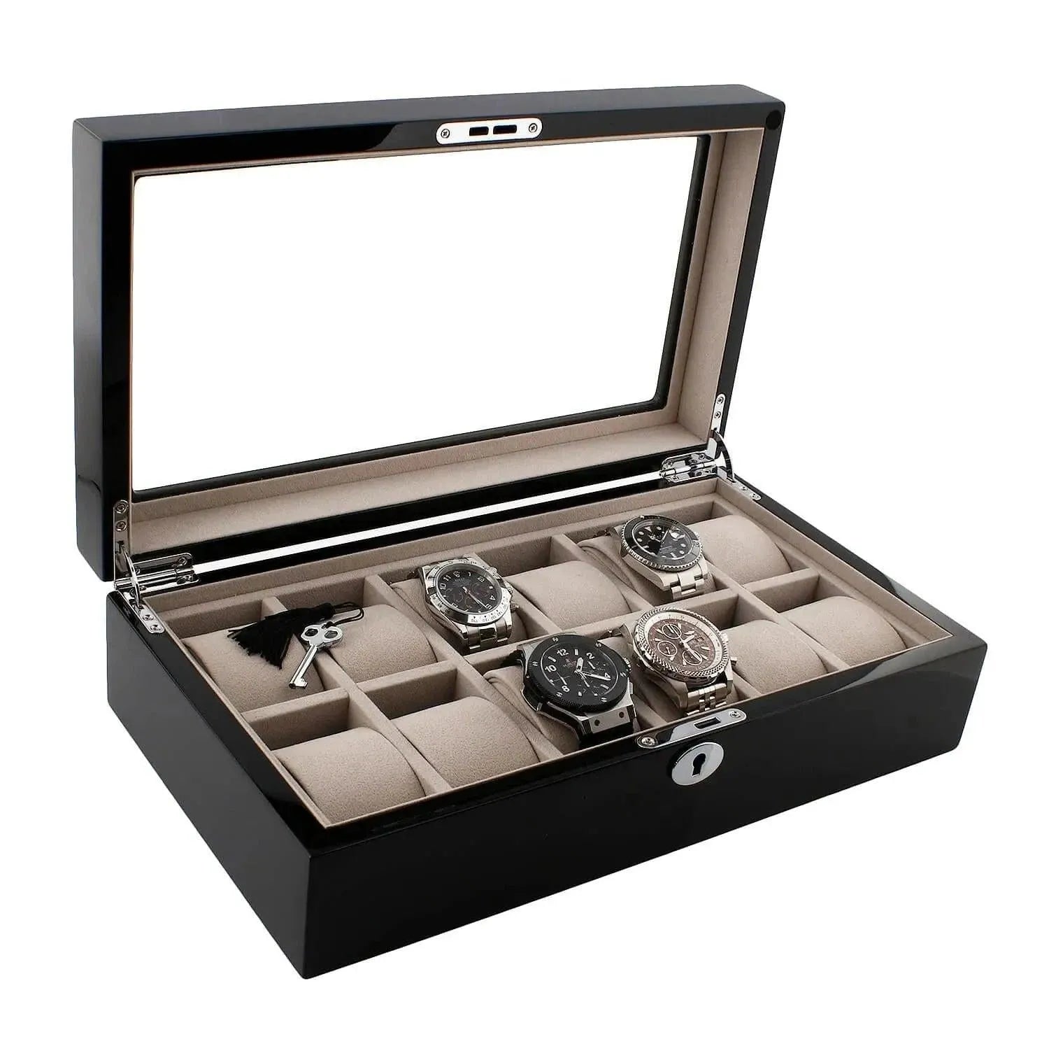 The 12 Watch Box in Piano Black Gloss Finish with Grey Luxury Lining by Aevitas features a glass lid, multiple compartments, and elegantly displays wristwatches in a refined organizer.