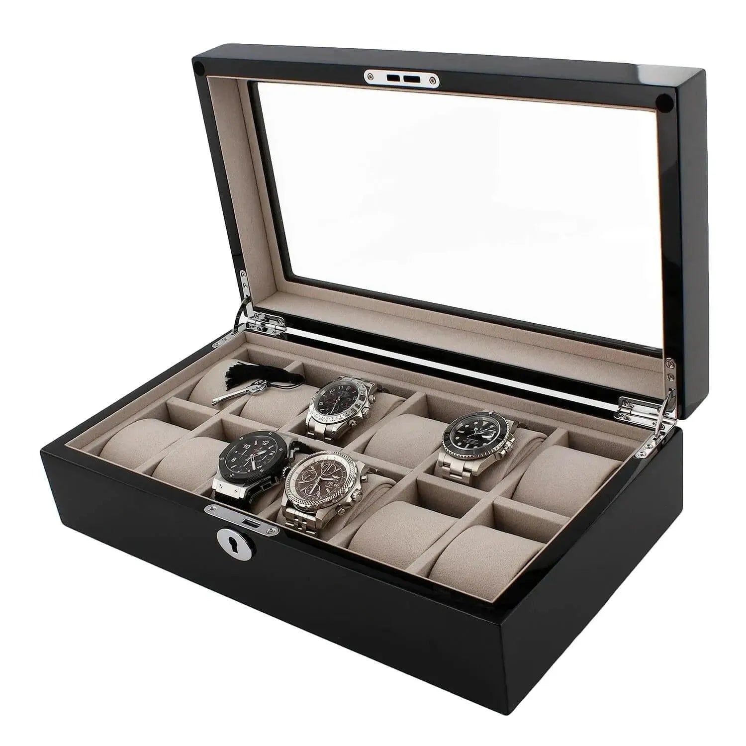 The Aevitas 12 Watch Box in Piano Black Gloss features a glass lid, grey luxury lining, and secure front lock—elegantly showcasing your watches in cushioned slots. Display your collection in style with this premium organizer by Aevitas.