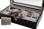 Showcase your collection with the Aevitas 12 Watch Box in Piano Black Gloss, featuring grey luxury lining and individual compartments to protect each watch in style.