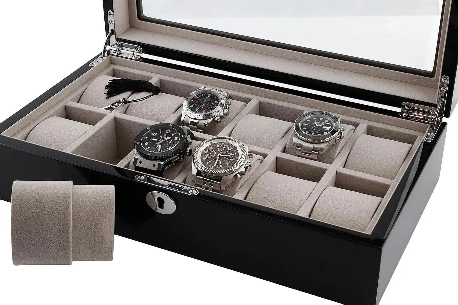 Showcase your collection with the Aevitas 12 Watch Box in Piano Black Gloss, featuring grey luxury lining and individual compartments to protect each watch in style.