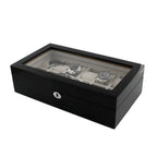 The Aevitas 12 Watch Box in Piano Black Gloss features a glass top, grey luxury lining, individual compartments, and a front keyhole lock, providing secure and elegant display for your watch collection.