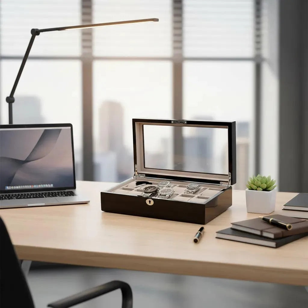 Open piano black gloss 12-watch box with grey lining and glass lid, displaying watches on a desk.