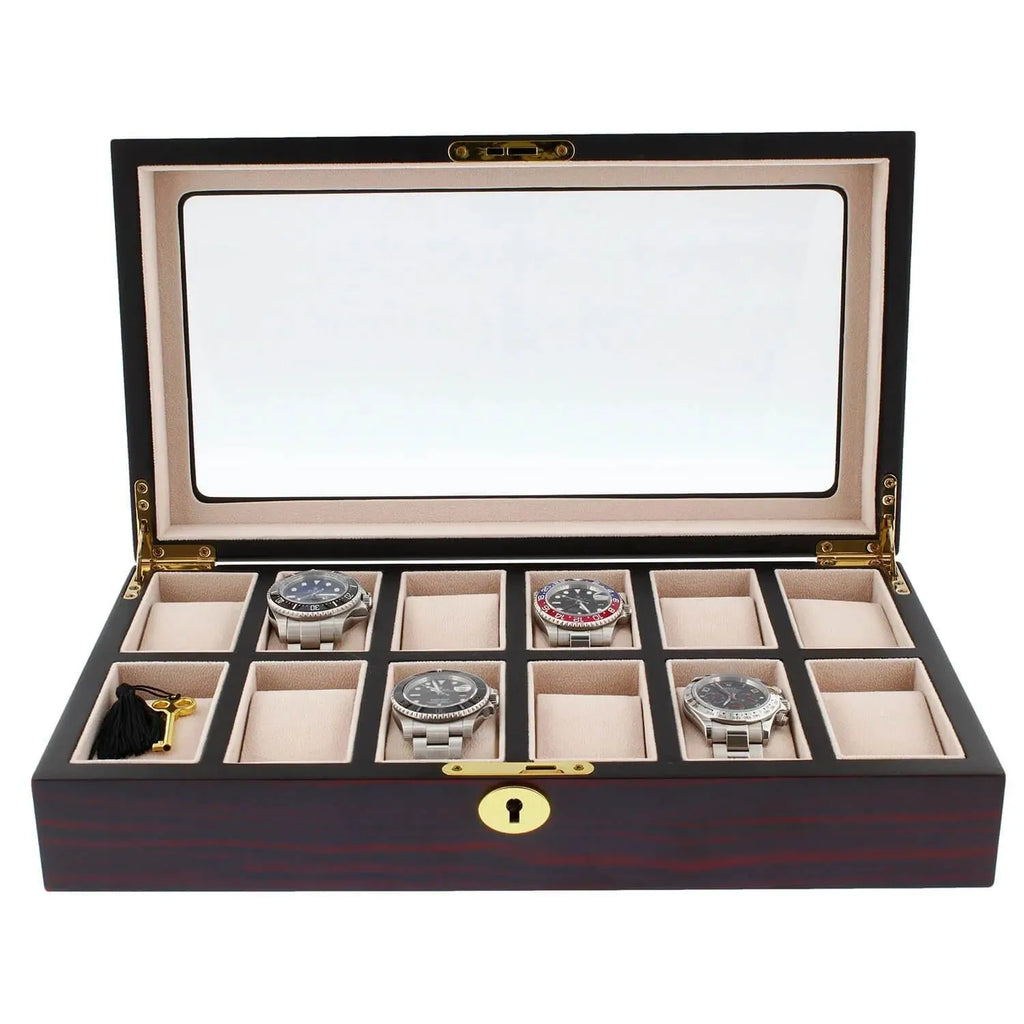 The Tempus Luxury Watch Winders 12 Watch Box in premium cherry wood satin finish features a glass lid, ten compartments—five displaying silver wristwatches, the others empty—and a small tasseled key in the front left section.