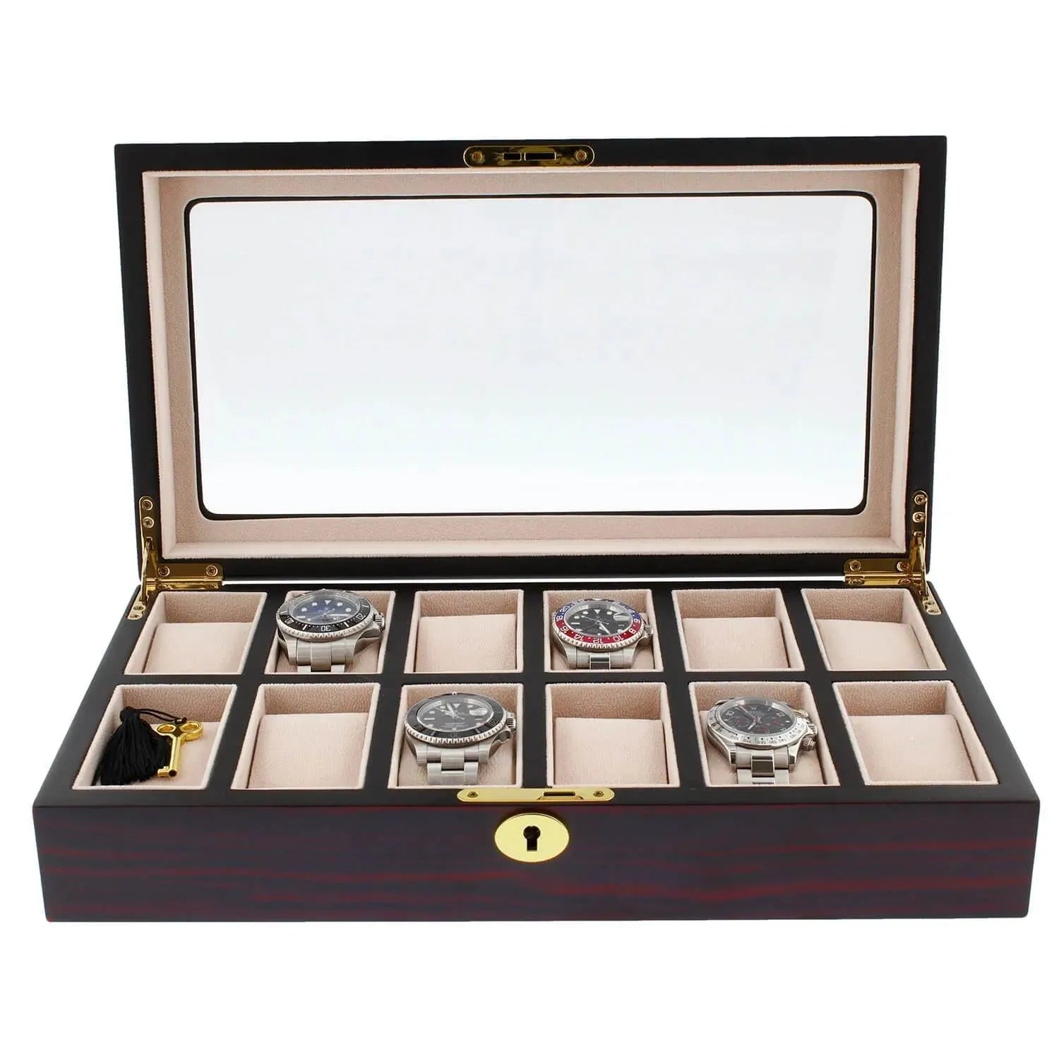 The Tempus Luxury Watch Winders 12 Watch Box in premium cherry wood satin finish features a glass lid, ten compartments—five displaying silver wristwatches, the others empty—and a small tasseled key in the front left section.