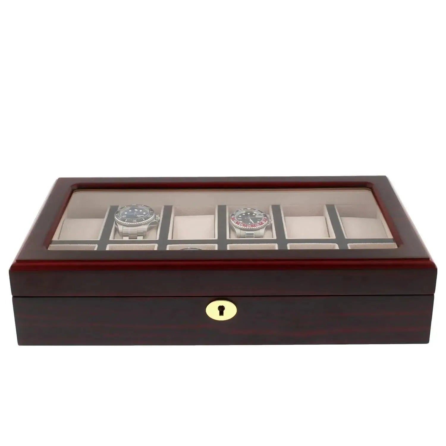 The Tempus Luxury Watch Winders 12 Watch Box features a premium cherry wood satin finish, a glass top displaying two watches, multiple light fabric-lined compartments for storage, and a secure lock.