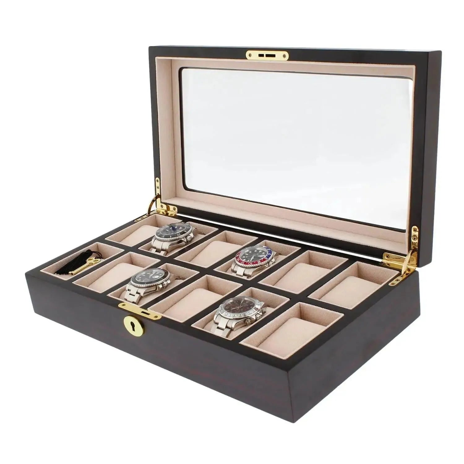 The 12 Watch Box in Premium Cherry Wood Satin Finished by Tempus Luxury Watch Winders showcases four wristwatches and one bracelet in beige-lined compartments, with a glass lid, gold hinges, lock, and ample space for your luxury collection.