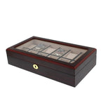 The Tempus Luxury Watch Winders 12 Watch Box features a premium cherry wood satin finish, glass top, and beige interior. It has individual compartments for watches and a front keyhole for secure storage.