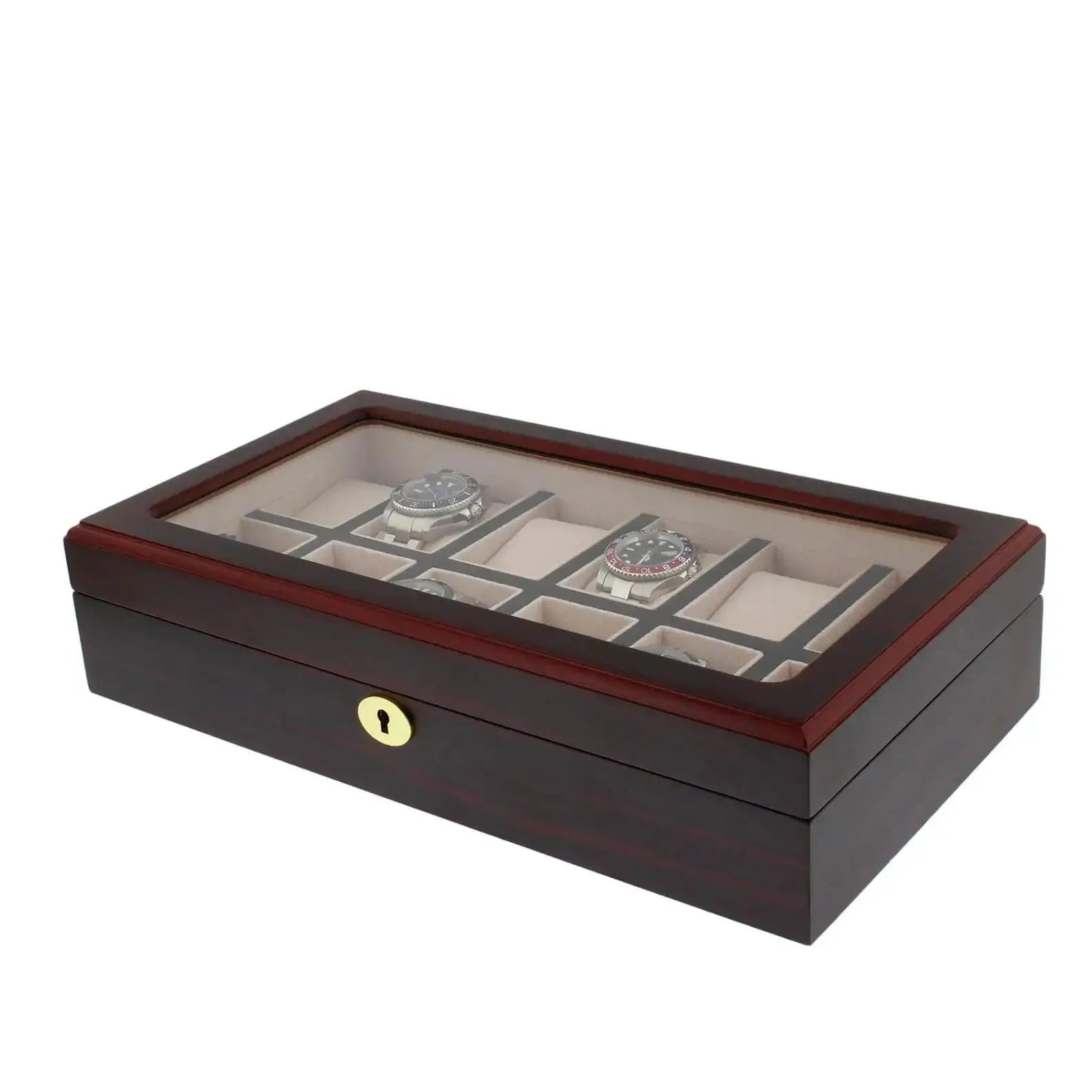 The Tempus Luxury Watch Winders 12 Watch Box features a premium cherry wood satin finish, glass top, and beige interior. It has individual compartments for watches and a front keyhole for secure storage.