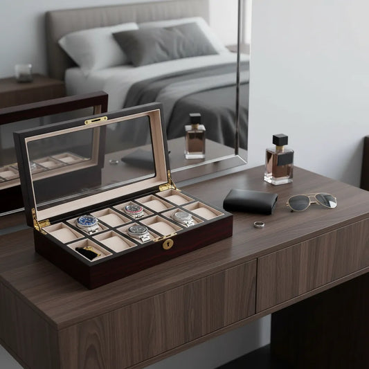 A Tempus Luxury Watch Winders 12 Watch Box in Premium Cherry Wood Satin Finish sits open on a brown dresser, surrounded by sunglasses, a black wallet, a perfume bottle, and the bed's reflection in the mirror above.