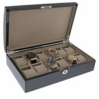 The Aevitas 12 Watch Box with Curved Solid Lid in Carbon Fibre Finish elegantly displays four wristwatches in separate compartments, with eight empty slots for expanding your collection.
