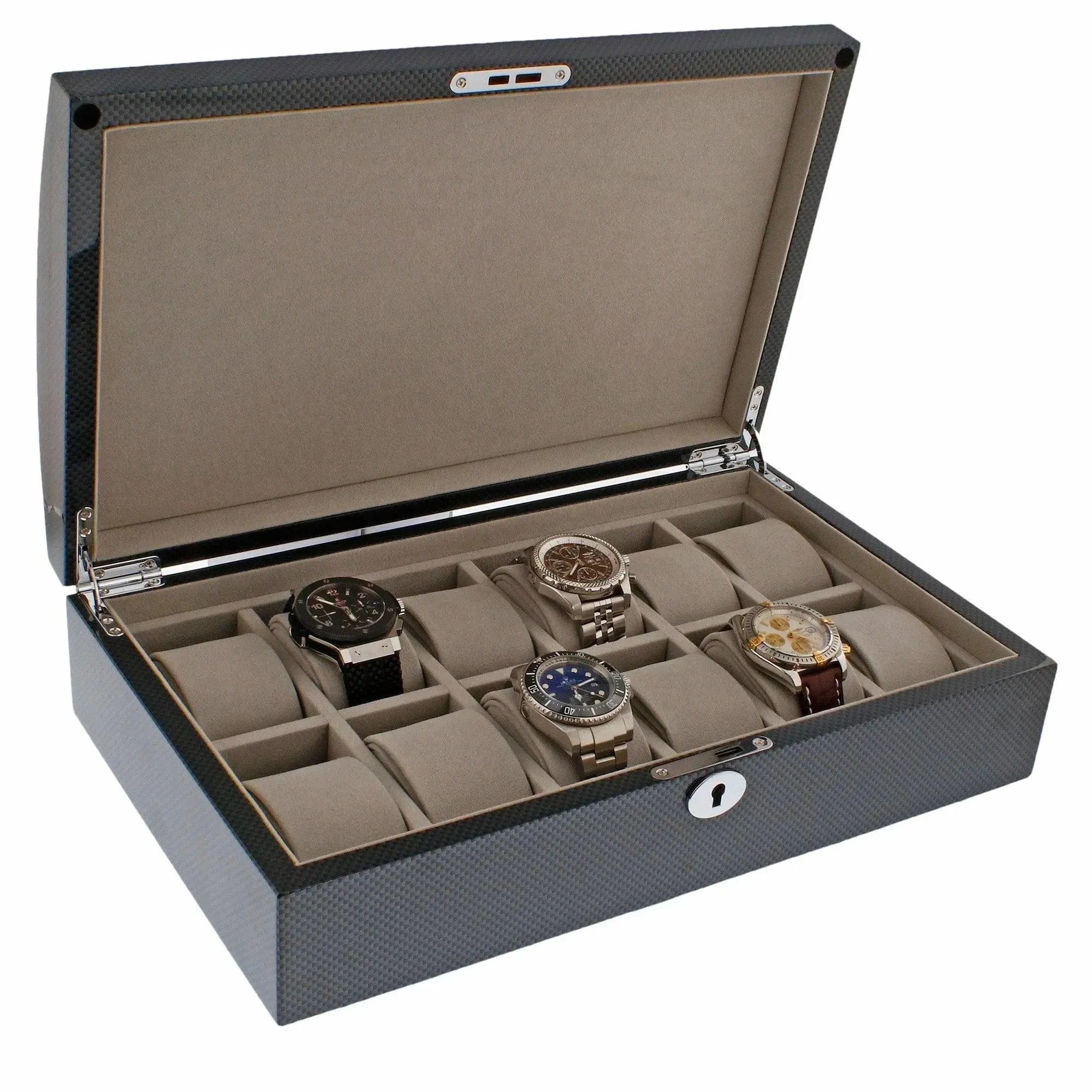 The Aevitas 12 Watch Box with Curved Solid Lid in Carbon Fibre Finish elegantly displays four wristwatches in separate compartments, with eight empty slots for expanding your collection.