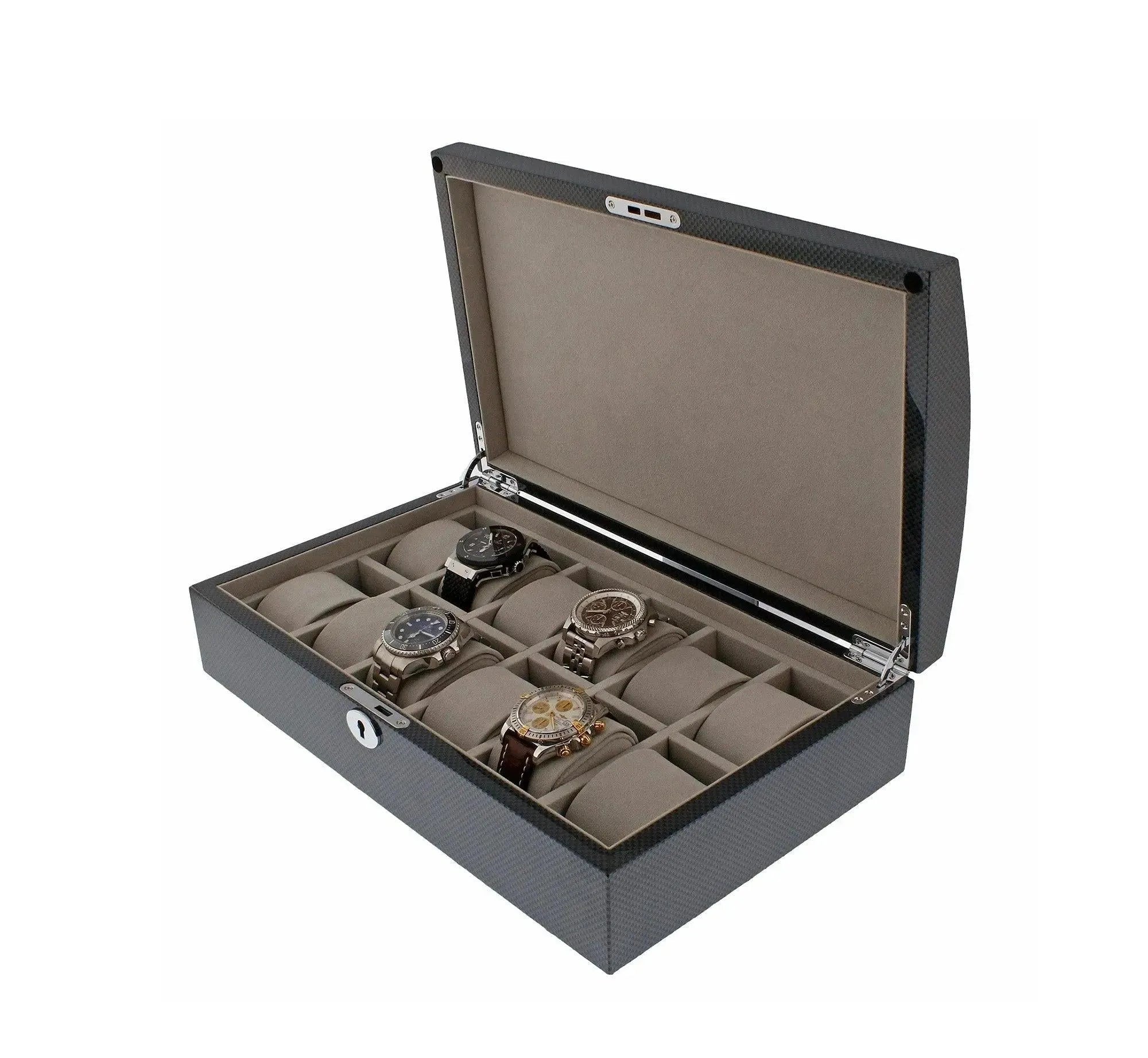 The 12 Watch Box with Curved Solid Lid in Carbon Fibre Finish by Aevitas features a hinged lid, soft beige fabric lining, and multiple compartments for elegant watch storage. Four wristwatches are neatly displayed inside this stylish box.