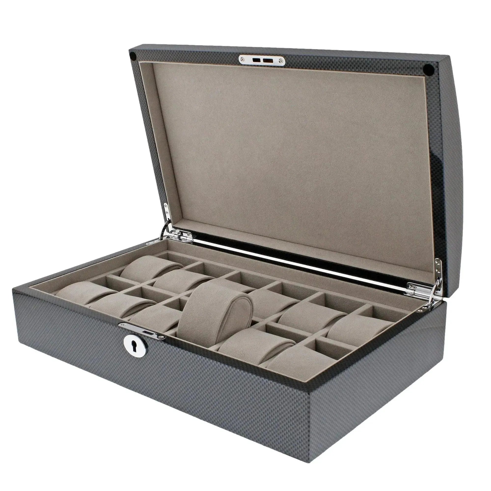 The Aevitas 12 Watch Box with Curved Solid Lid in a carbon fibre finish features multiple compartments lined with soft beige fabric, ideal for organizing watches or jewelry.