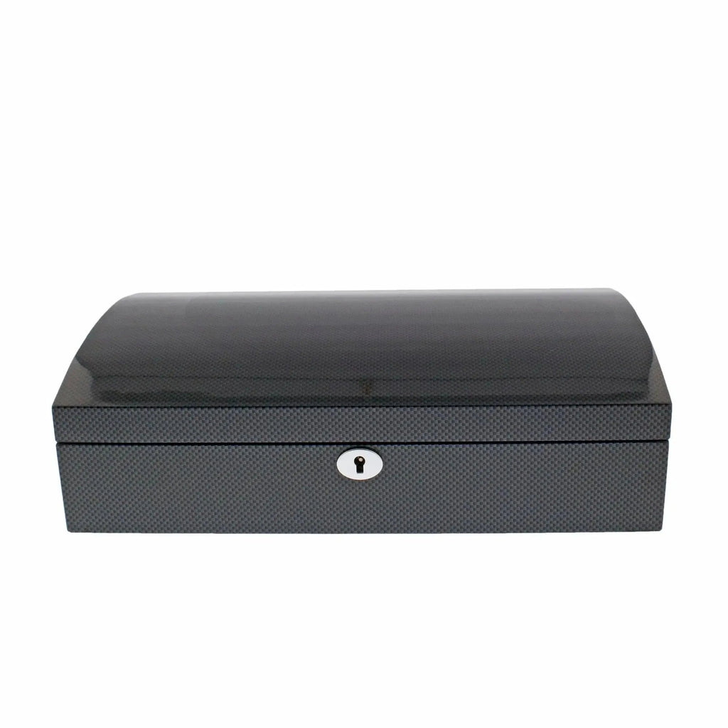 The Aevitas 12 Watch Box with Curved Solid Lid features a carbon fibre finish and keyhole, offering stylish watch storage in a sleek rectangular design—perfect for collectors. Set against a plain white background.