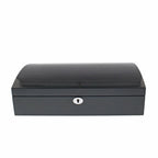 The Aevitas 12 Watch Box with Curved Solid Lid features a carbon fibre finish and keyhole, offering stylish watch storage in a sleek rectangular design—perfect for collectors. Set against a plain white background.