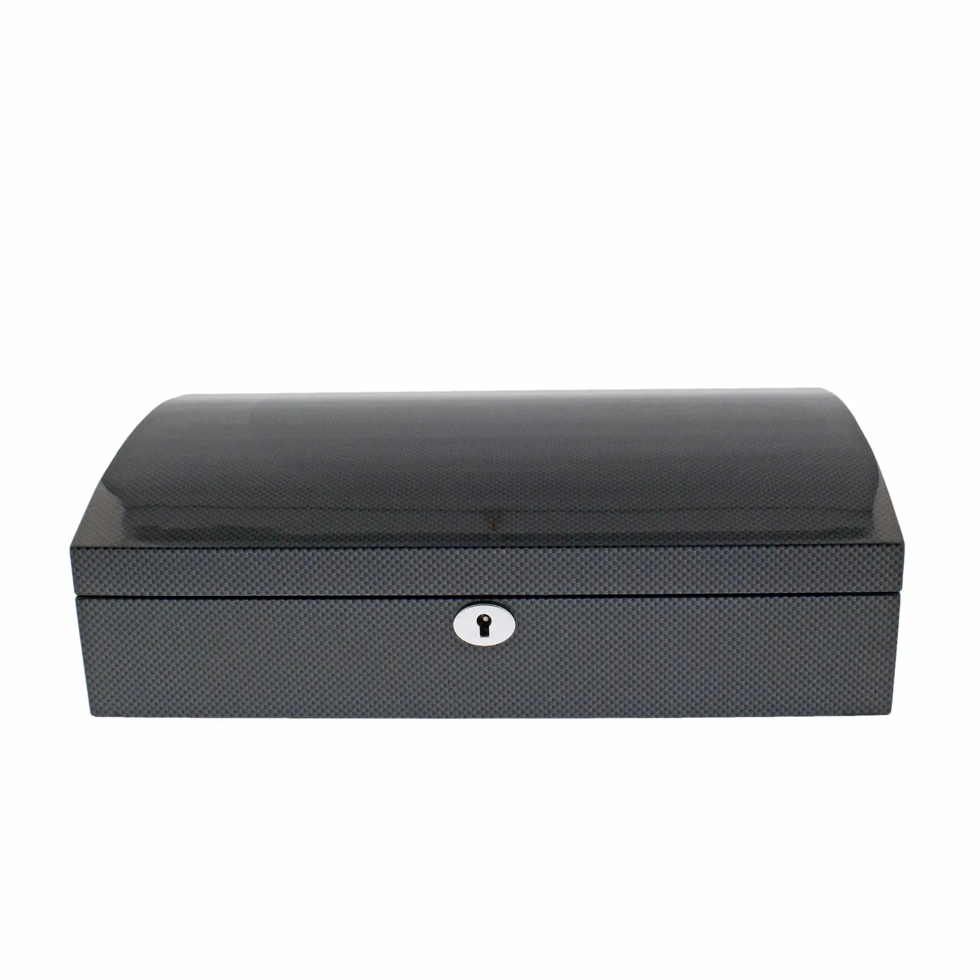 The Aevitas 12 Watch Box with Curved Solid Lid features a carbon fibre finish and keyhole, offering stylish watch storage in a sleek rectangular design—perfect for collectors. Set against a plain white background.
