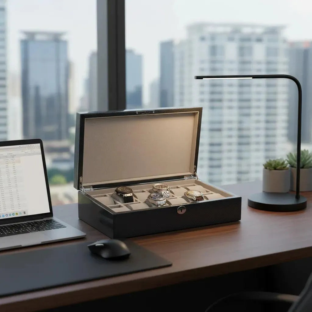 Black carbon fibre 12-watch box with curved lid open, showcasing three watches on a desk with a laptop.
