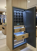 The Tempus Luxury Watch Winders’ 12 Watch Winder Safe Grade 1 features premium leather, two pull-out drawers, illuminated interior, racks for hanging clothes, background shelves, and is insurance rated up to £100,000.