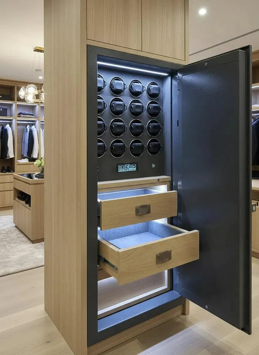 The Tempus Luxury Watch Winders’ 12 Watch Winder Safe Grade 1 features premium leather, two pull-out drawers, illuminated interior, racks for hanging clothes, background shelves, and is insurance rated up to £100,000.