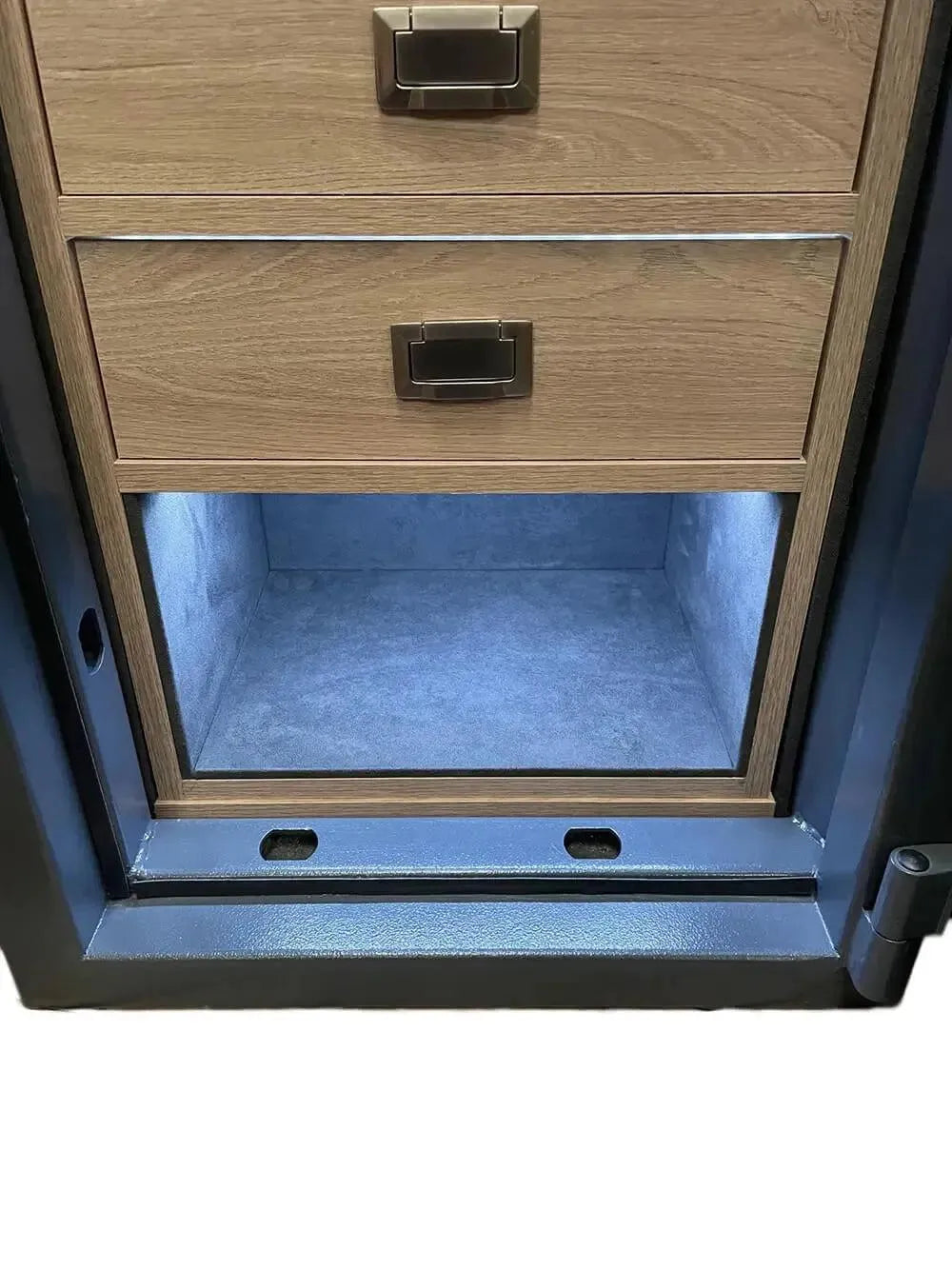 The Tempus Luxury Watch Winders 12 Watch Winder Safe Grade 1 features premium leather wooden drawers over a carpeted, illuminated compartment, with the partially visible door on the right. £100,000 insurance rated.