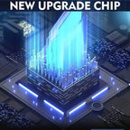 A glowing blue computer chip with rising digital light beams symbolizes innovation in the Tempus Luxury Watch Winders 12 Watch Winder Safe Grade 1—featuring large storage and £100,000 insurance protection for your premium timepieces.