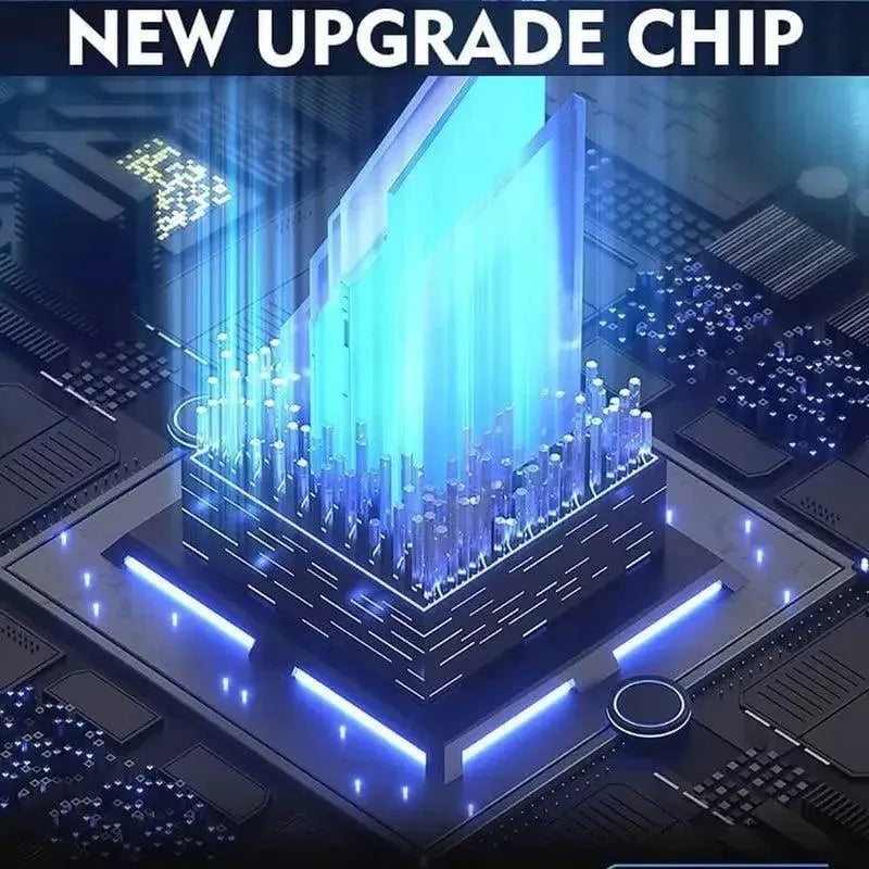 A glowing blue computer chip with rising digital light beams symbolizes innovation in the Tempus Luxury Watch Winders 12 Watch Winder Safe Grade 1—featuring large storage and £100,000 insurance protection for your premium timepieces.