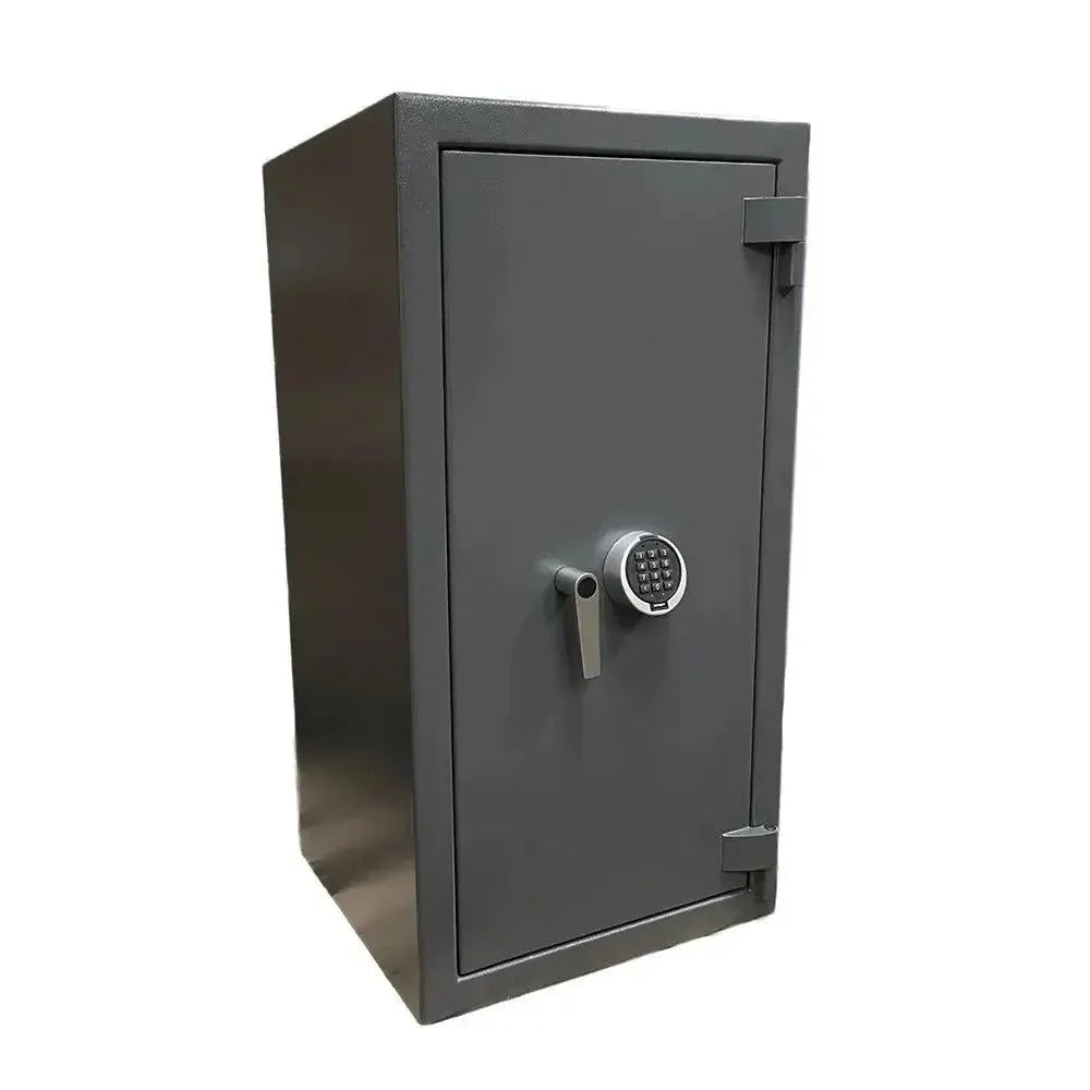 The Tempus Luxury Watch Winders 12 Watch Winder Safe Grade 1 stands tall with a gray metal finish, digital keypad lock, handle, premium leather accents, and a 12-slot interior for secure storage; features £100,000 insurance rating.