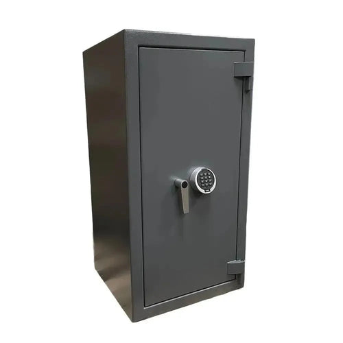 The Tempus Luxury Watch Winders 12 Watch Winder Safe Grade 1 stands tall with a gray metal finish, digital keypad lock, handle, premium leather accents, and a 12-slot interior for secure storage; features £100,000 insurance rating.