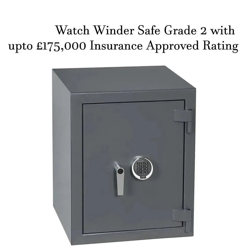 A grey Tempus Luxury Watch Winders 12 Watch Winder Safe Grade 2 with digital keypad and handle, designed for automatics. Shown on plain background. Text above: £175,000 Insurance Approved Rating by Tempus.